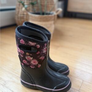 Bogs Black and Pink Floral Kids Boots